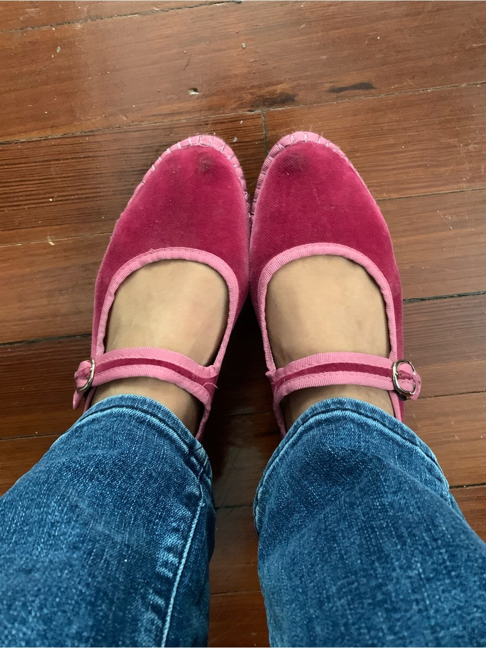 Flabelus Women's Pink Mary Jane Velvet Flats with Adjustable Strap